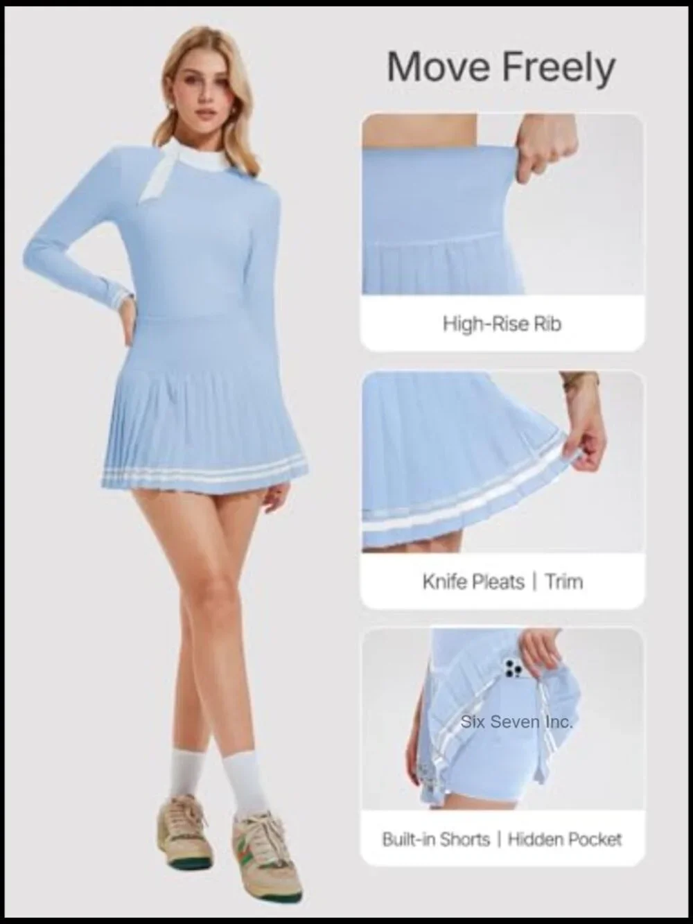 2 Piece Tennis Skirt Set - Zip Back Top & Pleated Skort with Pockets, Athletic